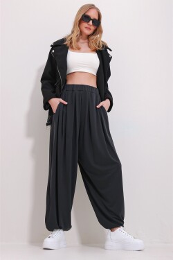 Trend Alaçatı Stili Women's Anthracite Front Pleated Double Pocket Flowy Modal Baggy Trousers