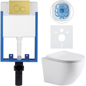 CERANO Kompletní podomítkový WC set Lite/Cesso - bílá matná - WC tlačítko Duo, zlatá - k zazdění - 49x36 cm