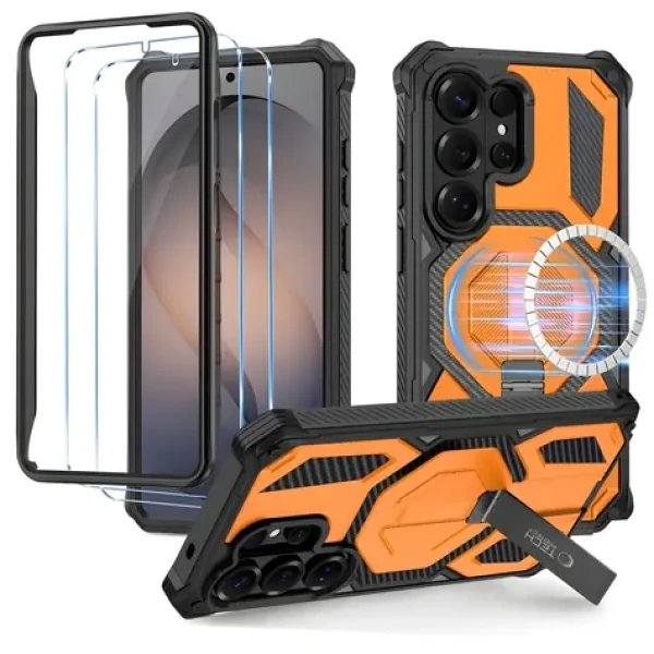 Tech-Protect MagBlast černá, oranžová / Kryt s tvrzeným sklem / Samsung Galaxy S26 Ultra / MagSafe / 2 ks skla