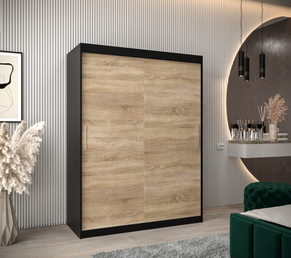 Šatní skříň Abi T0 s posuvnými dveřmi Barva korpusu: Černá, Rozměry: 150 cm, Dveře: Dub sonoma