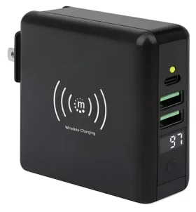 Manhattan 4v1 cestovní nabíječka a powerbanka černá / Powerbanka / 8000 mAh / Bezdrátové nabíjení / USB-C, 2x USB-A (102452)