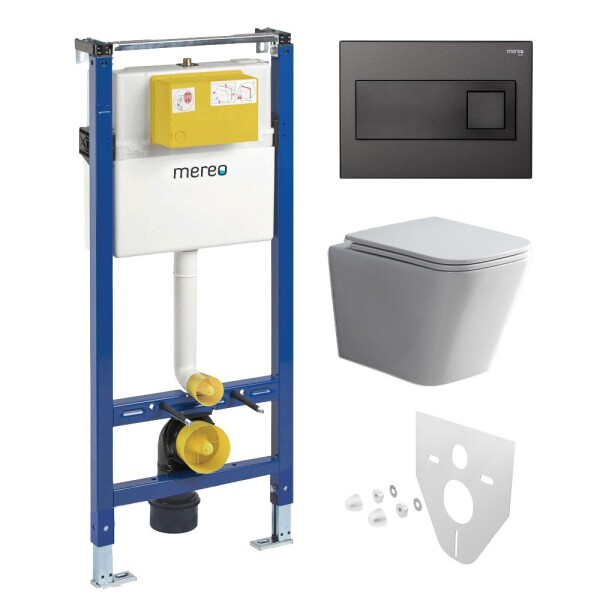 Mereo WC set - Smart flush rimless WC hranaté, modul pro sádrokarton, černé hranaté tlačítko MM02NSETRT331