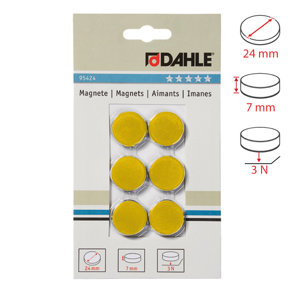 Dahle magnet plánovací, Ø 24 mm, 3 N, 6 ks, žluté