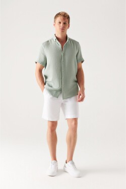 Avva Men's White 100% Cotton Side Pocket Elastic Waist Linen Textured Relaxed Fit Comfortable Cut Shorts