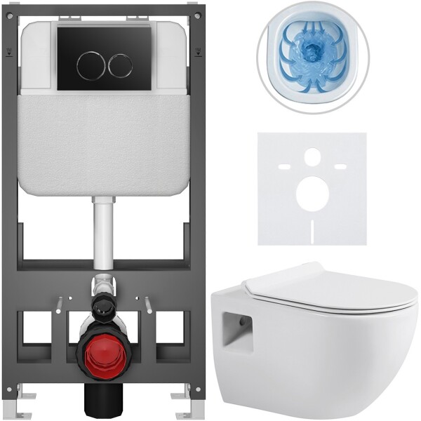CERANO Kompletní WC set Basic/Dure - bílá lesklá - WC tlačítko Dualo/Černá - volně stojící - předstěnová instalace - 51x35 cm