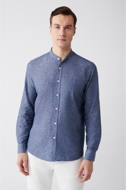 Avva Men's Indigo Judge Collar Linen Blended Standard Fit Regular Cut Shirt