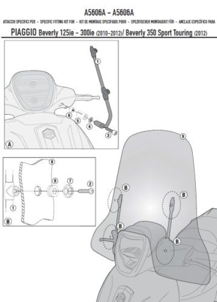 A5606A montážní sada plexi Piaggio Beverly 125ie-300ie (10-20),Beverly 350 ST (-20)pro plexi 5606A