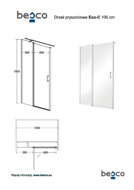 HOPA - Bezrámové sprchové dveře EXO-C - BARVA rámu - Chrom/Leštěný hliník (ALU), Pevná stěna - 90 cm, Rozměr A - 100 cm, Rozměr C - 190 cm, Směr zavírání - Univerzální Levé / Pravé, Výplň - Čiré bezpečnostní sklo - 6 mm BCEXOC100CC+BCEXOCH90CC