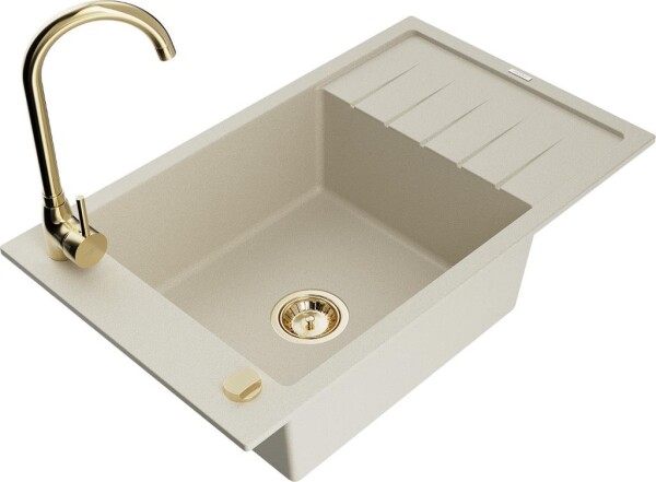MEXEN - Elias granitový dřez s odkapávačem včetně baterie Telma, béžová 6511-69-670200-50