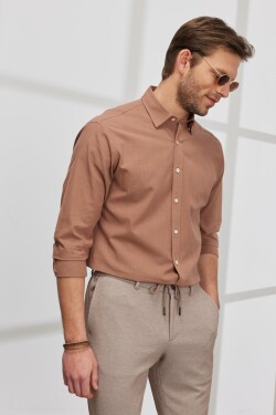 AC&Co Altınyıldız Classics Men's Brown Comfort Fit Comfy Cut Concealed Button Collar 100% Cotton Flamed Shirt