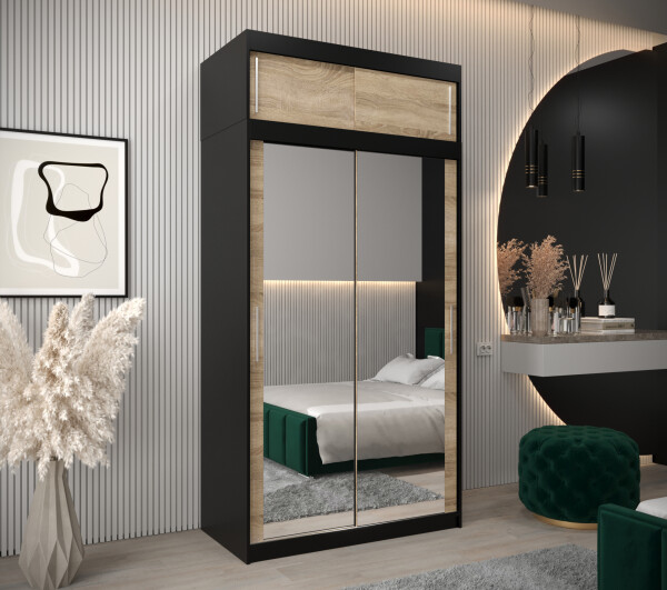 Šatní skříň Abi T3 s nástavcem Barva korpusu: Černá, Rozměry: 120 cm, Dveře: Dub - sonoma