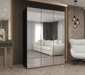 Šatní skříň Abi Marbella 3 Rozměry: 150 cm, Pásky / úchyty: Zlatý, Barva korpusu + barva dveří: Černá + zrcadlo