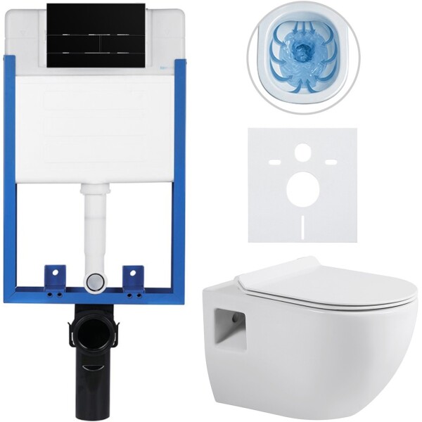 CERANO Kompletní podomítkový WC set Lite/Dure - bílá lesklá - WC tlačítko Line, černá matná - k zazdění - 51x35 cm