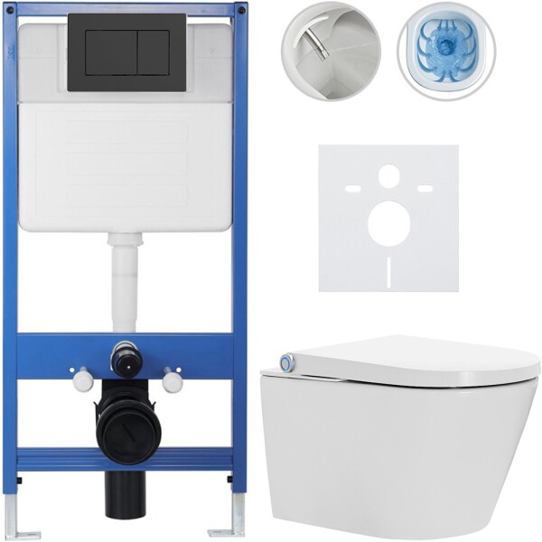 CERANO Kompletní WC set Profi/Cronus Standard - bílá lesklá - WC tlačítko Classic/Černá matná - předstěnová instalace - 59,3x38,4 cm