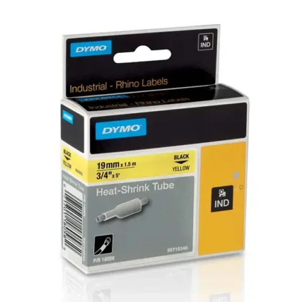 Dymo originální páska do tiskárny štítků 19mm x 1.5mm / černý tisk / žlutý podklad / RHINO / teplem smrštitelná (18058)