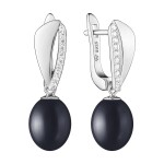 Stříbrné náušnice černou perlou zirkony, stříbro 925/1000, Černá