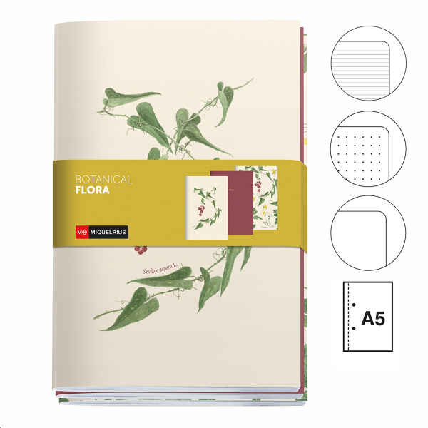 Miquelrius poznámkový deníček - Botanical Flora - sada 3 ks, A5, 80 g, měkký karton, 32 listů, čistý, linka, tečky, mix motivů
