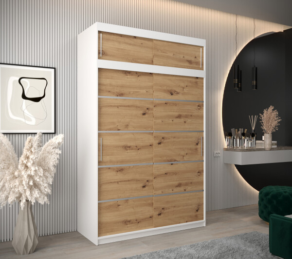 Šatní skříň Abi V1 s nástavcem Barva korpusu: Bílá, Rozměry: 150 cm, Dveře: Dub artisan