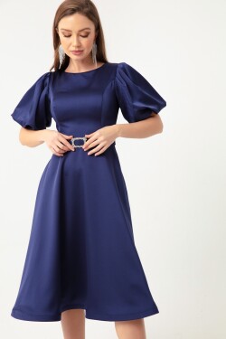 Lafaba Dámské tmavě modré balónové rukávy Stony Belted Mini saténové večerní šaty