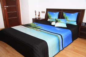 DumDekorace Modro černé přehozy na postel s pláží a palmami Šířka: 170 cm | Délka: 210 cm Šířka: 170 cm | Délka: 210 cm