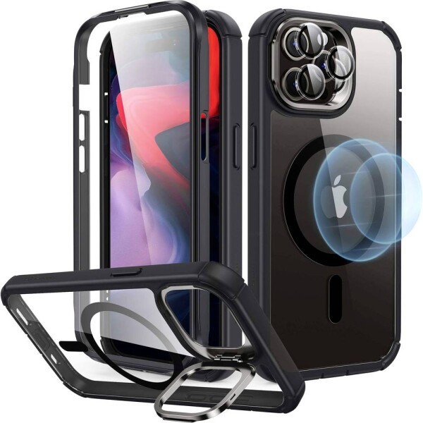 ESR Armor Tough HaloLock Case + Stash Stand zadní kryt na mobil Apple iPhone 15 Pro Max transparentní, černá Kompatibilní s MagSafe