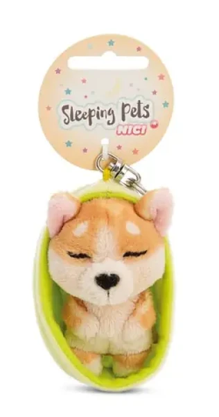 NICI GREEN klíčenka spící Pejsek Welsh Corgi + světle zelený košík 12 cm