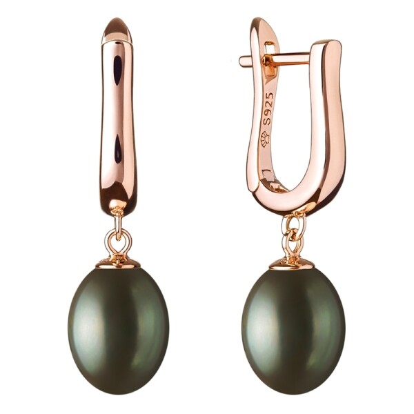 Stříbrné pozlacené náušnice s perlou Julie Black, stříbro 925/1000, Černá