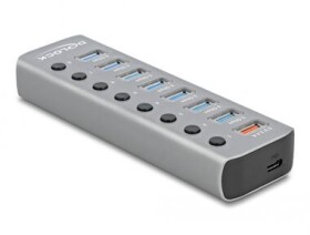 Delock Rozbočovač USB 5 Gbps šedá / 7 porty / rychlonabíjecí port / port USB-C PD 3.0 s přepínačem a osvětlením (63264)