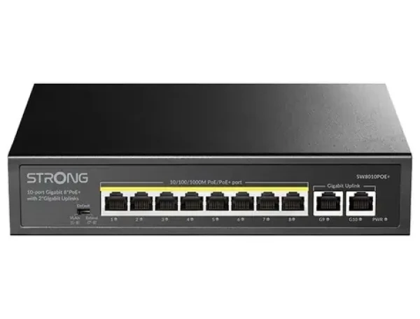 STRONG SW8010POE+ / Switch / 8x GbE RJ-45 / 2x GbE RJ-45 Uplink / PoE+ 802.3af/at / 20Gbps (SW8010POE+)