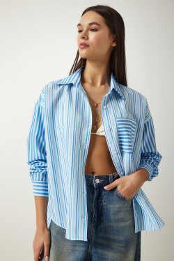 Happiness İstanbul Women's Sky Blue Striped Oversize Cotton Woven Shirt