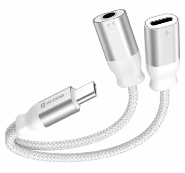 SWISSTEN TEXTILE Nabíjecí audio adaptér USB-C (M) - USB-C (F) - 3.5mm jack 0.12m bílá (73502304)