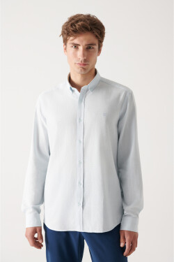 Avva Men's Light Blue Button Collar Comfort Fit 100% Cotton Linen Textured Shirt