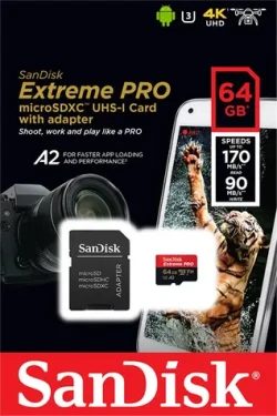 SanDisk Extreme Pro microSDXC 64GB / UHS-I U3 V30 / čtení: 170 MBs / zápis: 90MBs / vhodné pro 4K (SDSQXCY-064G-GN6MA)