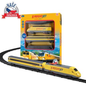 Vlak žlutý RegioJet s kolejnicemi 18ks plast se zvukem a světlem v krabici 38x43x6cm