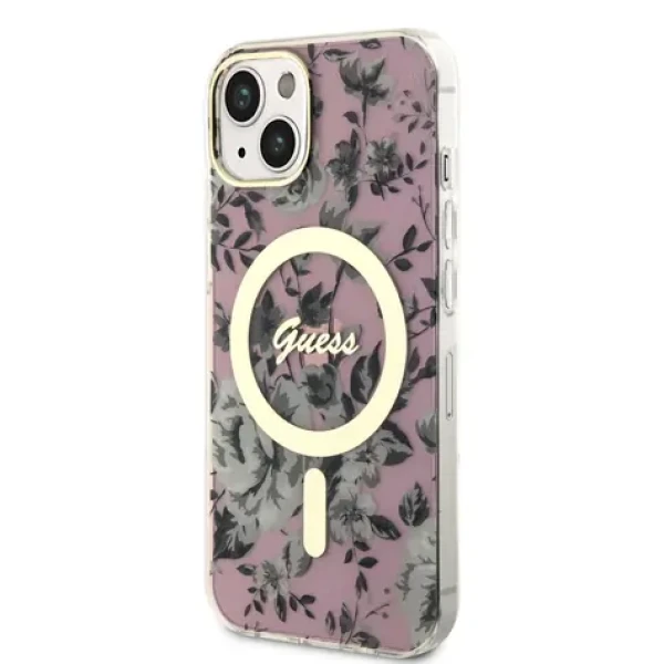 Pouzdro Guess PC/TPU Flowers IML MagSafe iPhone 14 růžové