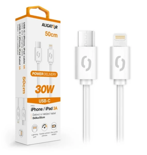 Aligator Datový kabel POWER 30W / USB-C/Lightning 3A / 0 / 5m bílý (DATKP57)