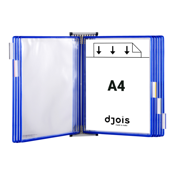 Djois nástěnný kovový držák s rámečky, 10 rámečků s kapsami A4 na výšku, modré, 1 set