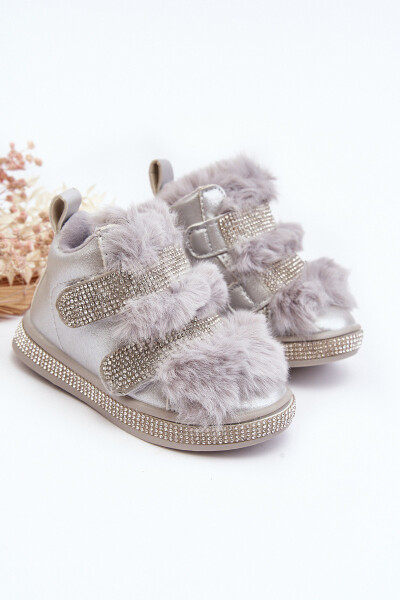 Kožené dětské zimní boty s kožíškem Stříbrné Leela 34
