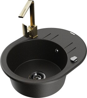 MEXEN/S - Kevin granitový dřez s odkapávačem včetně baterie Rita, černá/zlatá metalik 6517-75-670300-50-B