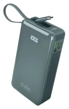 SBS 10000 mAh šedá / Powerbank / Power Delivery 20 W / LCD displej / integrovaný USB-C kabel (TTBB10000LCDTCPD20A)