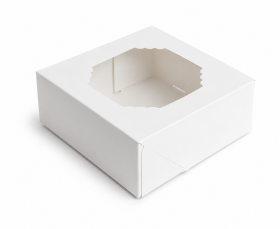 Cake star krabička bílá s okénkem nízka 9x9x3,5cm