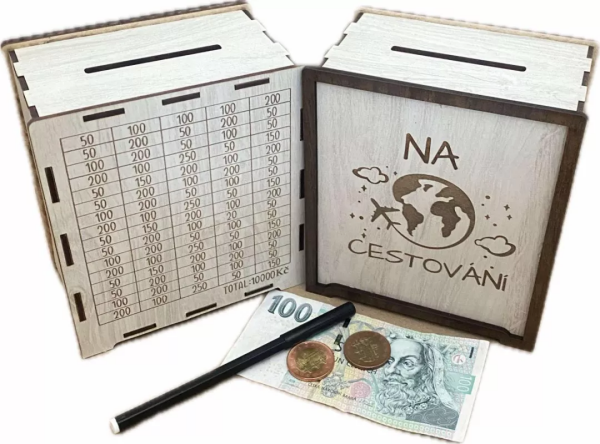 Mdeco Dřevěná pokladnička škrtací + fixa - Na Cestování