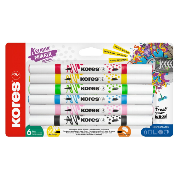 Kores akrylové popisovače, oboustranný hrot 2 v 1 - set 6 barev