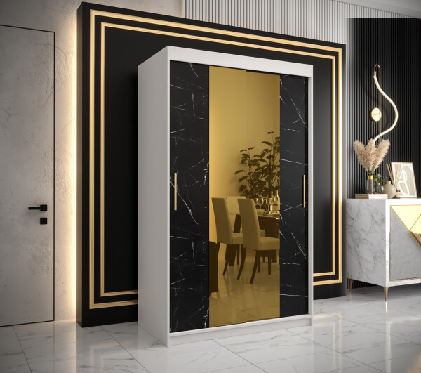 Šatní skříň Abi Golden T1 Barva korpusu: Bílá, Rozměry: 120 cm, Dveře: Černý mramor se zlatým zrcadlem
