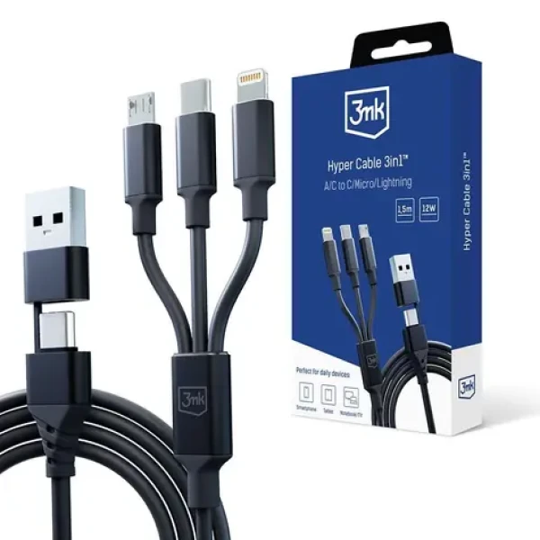 3mk Hyper Cable nabíjecí kabel 3in1 A/C to C/Micro/Lightning 1.5m černá (5903108541244)