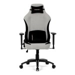 Herní křeslo, stříbrná látka, houpací mechanismus, polohování opěradla 90°-180°, 3D područky, polštáře z paměťové pěny,