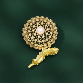Luxusní brož Pampeliška se zirkony a sladkovodní perlou, Zlatá