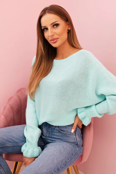 Svetr dámský z mohéru s nařasenými rukávy a výstřihem na zádech mátový UNI