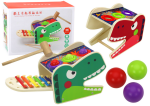 Mamido Dřevěný červený dinosaur s kladívkem a xylofonem 2v1
