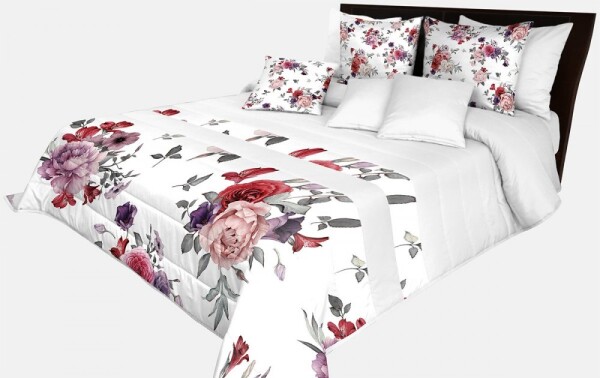 DumDekorace Romantický přehoz v bílé barvě s krásnými růžovými a fialovými květy Šířka: 170 cm | Délka: 210 cm Šířka: 170 cm | Délka: 210 cm